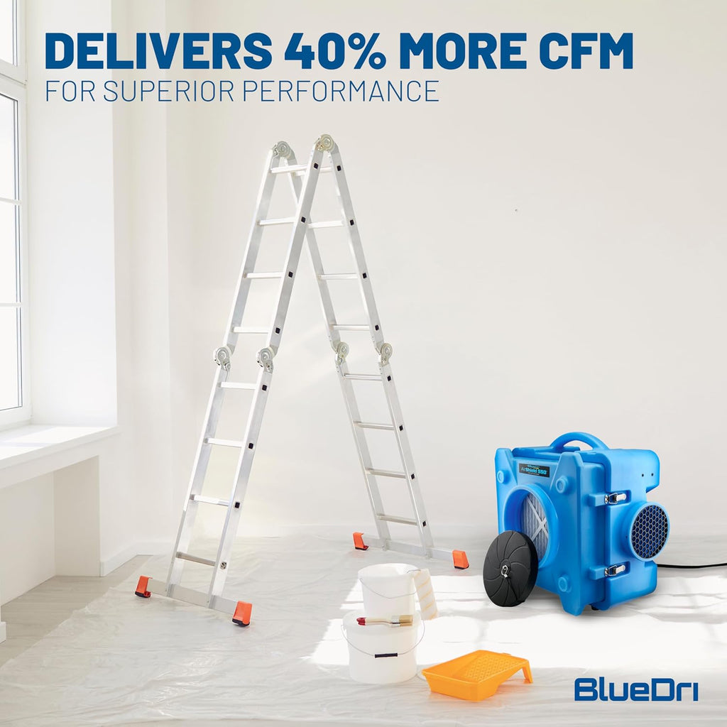 BlueDri Air Shield 550 Depurador de Aire HEPA, Equipo Purificador de Aire para Restauración de Daños por Agua, Cubre 1400 Pies Cuadrados, Capacidad de Conexión en Cadena, Para Uso Comercial, Azul