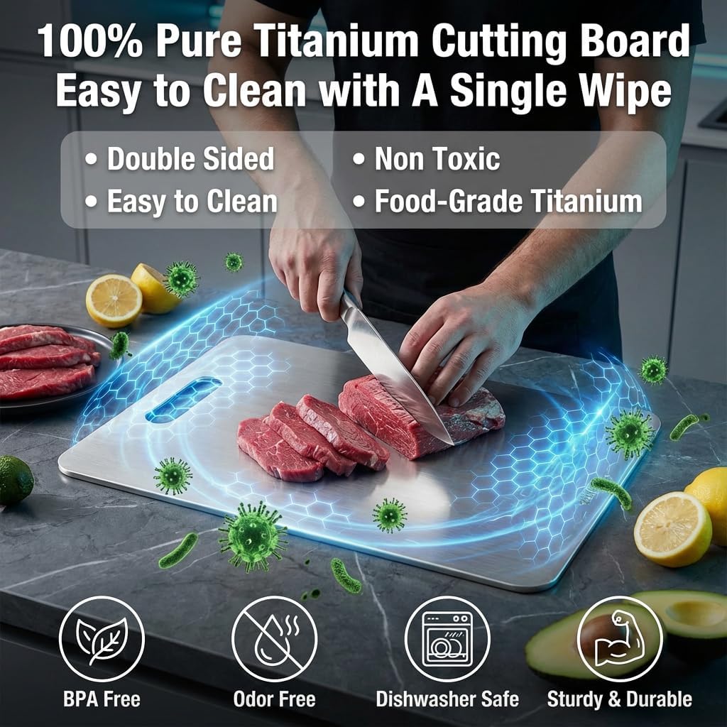 Katori Tabla de cortar de titanio para cocina, tablas de cortar de titanio 100% puro, tabla de cortar de titanio no tóxica de doble cara para cortar carne, verduras, frutas, apta para lavavajillas (L