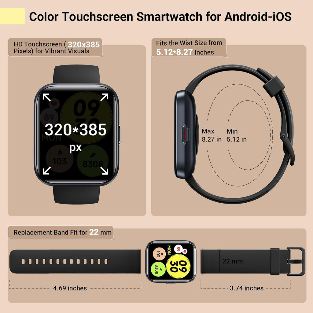 Reloj inteligente para mujeres/hombres, compatible con Android y iPhone, reloj de seguimiento de actividad física de 1.8 pulgadas con Alexa, alertas de llamadas y notificaciones, monitor de frecuencia
