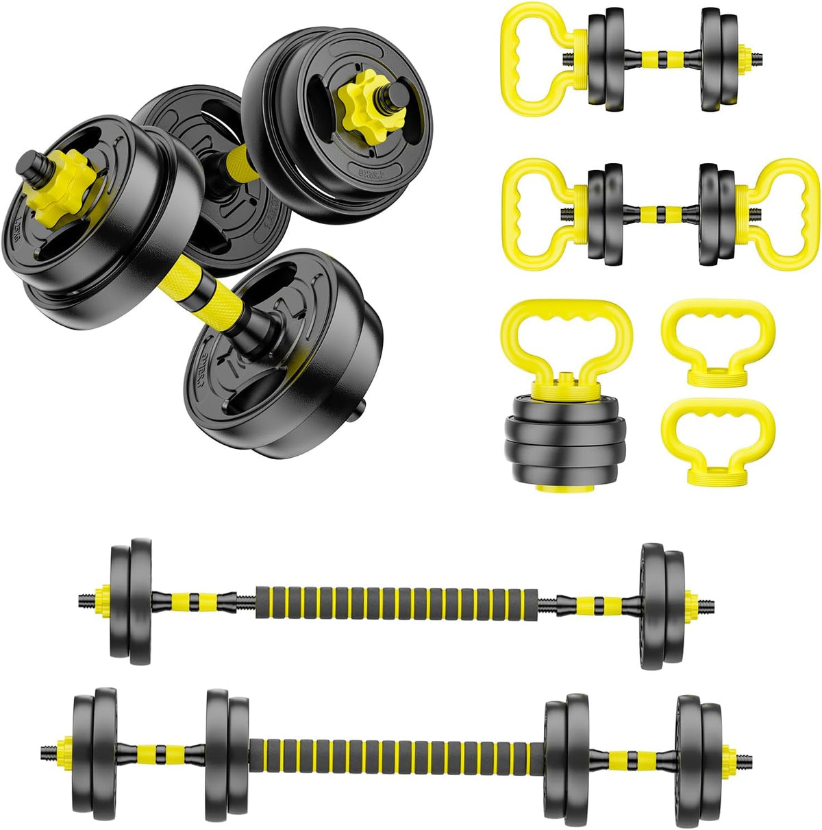 Juego de mancuernas ajustables, pesas libres de 10 a 90 libras con conector – mancuernas 4 en 1, barra, pesa rusa y soporte para flexiones, juego de pesas ajustables para gimnasio en casa