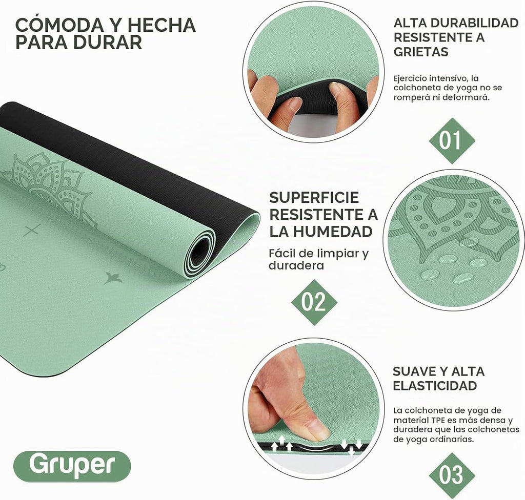 Esterilla de yoga antideslizante TPE Gruper extra ancha con marca de alineación, 72"L x 32"A x 0.32"/0.24"E (183cm x 80cm x 8mm/6mm), esterilla antideslizante para ejercicios con correa de transporte
