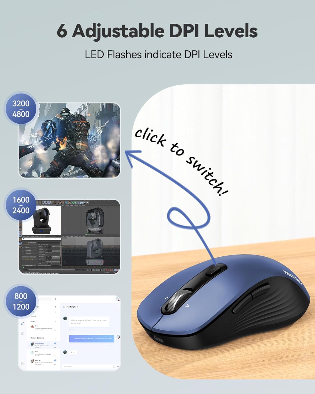 TECKNET Ratón Bluetooth recargable, [USB + BT5.0 + BT3.0], mouse in...