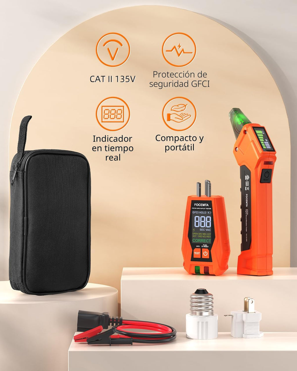 Circuit Breaker Finder Kit con GFCI Outlet Tester para 90-135V AC Circuits,includes Light Socket adaptador, 3-2 Prong Grounding adaptador & Clip adaptador,Portable Electrical Tool con Carrying Case