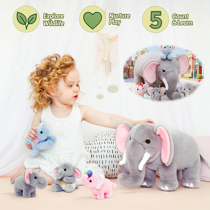 OUOZZZ Animal de peluche de elefante con 4 elefantes bebés, juego d...