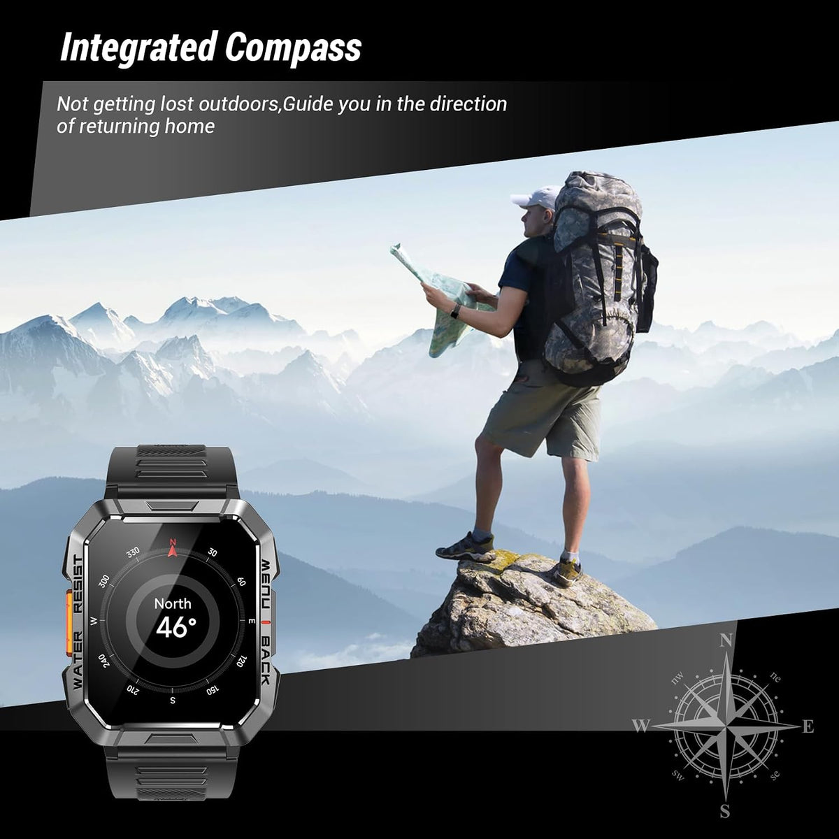 Reloj inteligente militar para hombre (respuesta/hacer llamadas), reloj inteligente de 2.01 pulgadas para Android y iPhone, rastreador de actividad física con linterna/brújula/batería de 100 días/frecuencia cardíaca/sueño/más de 100 modos deportivos (2