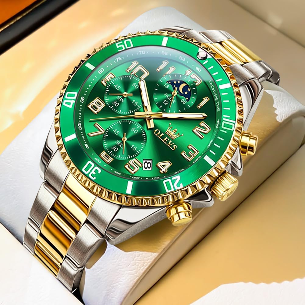 OLEVS Reloj de caballero Cronógrafo de lujo con fases de la luna, dos tonos, acero inoxidable, a prueba de agua, luminiscente, calendario empresarial, reloj de pulsera