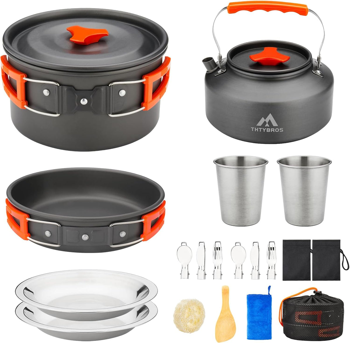 THTYBROS Kit de utensilios de cocina para acampar de 17 piezas, olla de 0.45 galones, sartén de 7 pulgadas, juego de hervidor de 0.30 galones con 2 juegos de tazas, platos, tenedores, cuchillos y