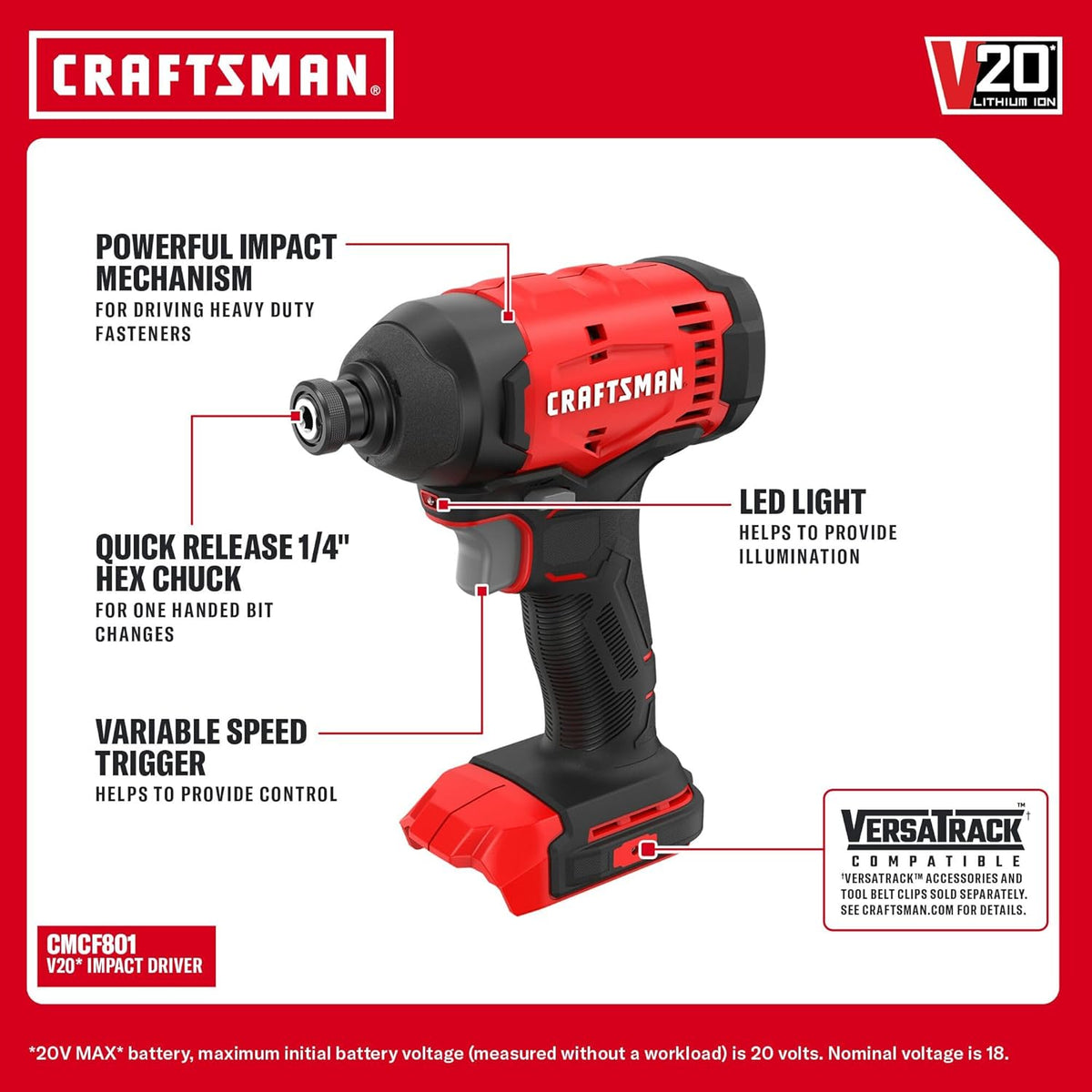 CRAFTSMAN V20 Cordless Drill Set y Impact Driver, Includes 2Ah Battery y Charger, Power Tool Set con 1700 RPM 1/2 en. Power Drill, 1800 Torque 1/4 en. Impact Screwdriver, LED (CMCK201D1)