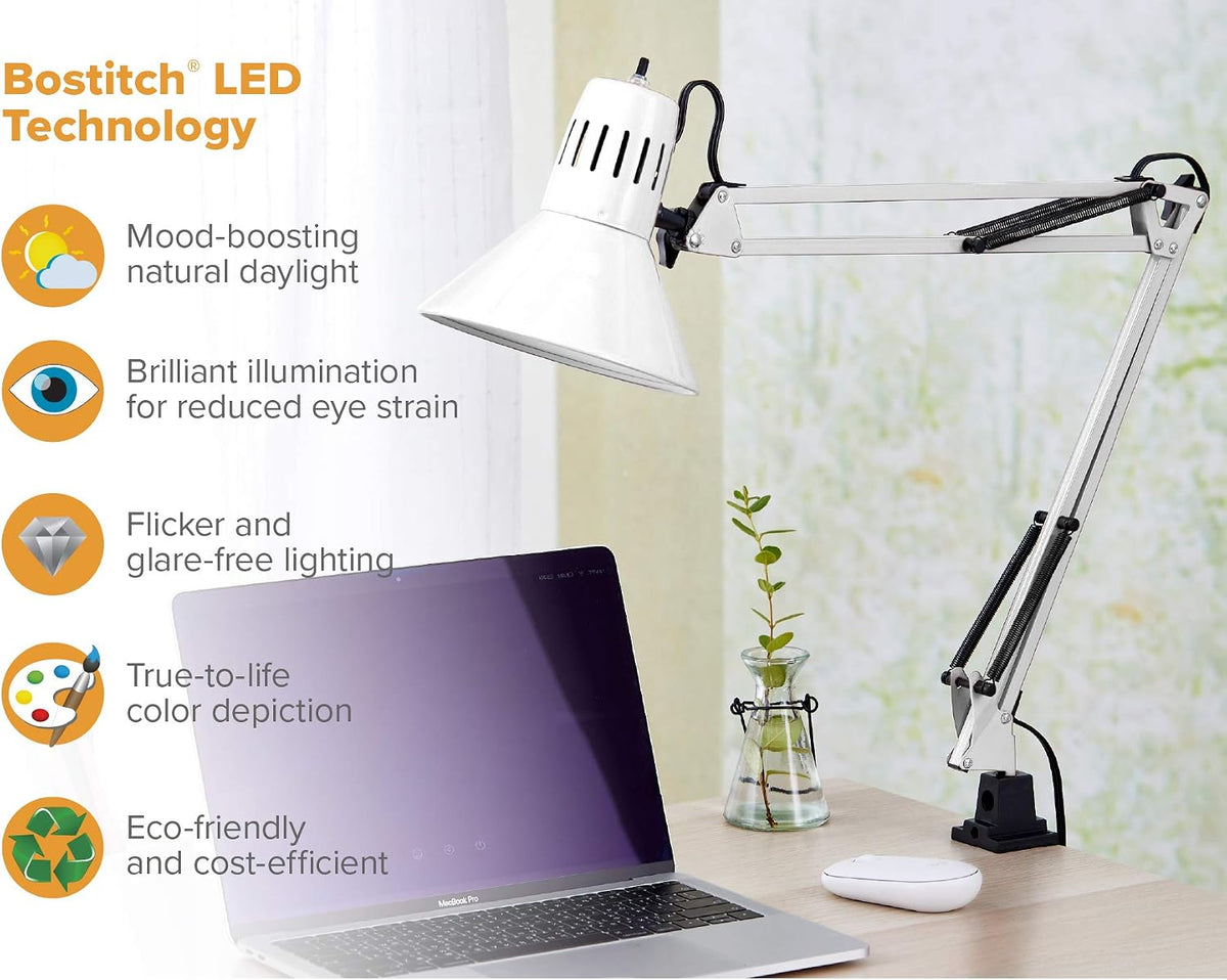 Lámpara Bostitch Office VLF100-WHT - Lámpara de escritorio con brazo oscilante con montaje de abrazadera, alcance de 36 pulgadas con ajuste de múltiples juntas, incluye bombilla LED reemplazable (VLF), color