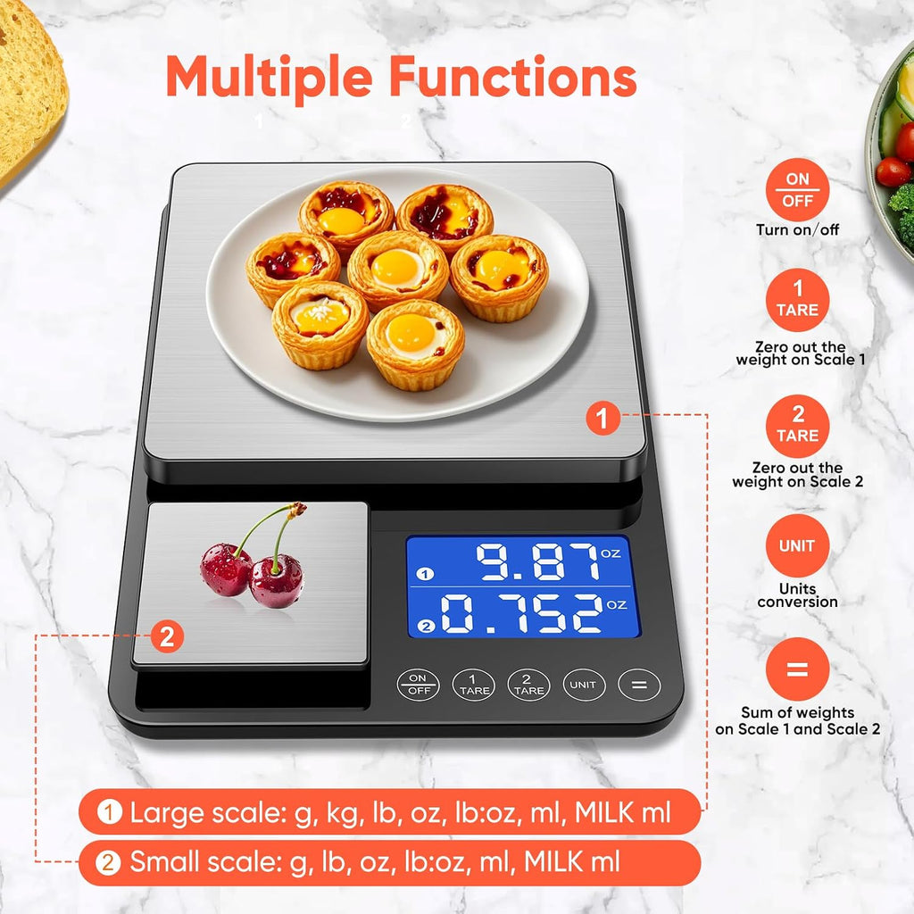 Báscula digital de cocina de doble plataforma, 33 libras/15kg y precisión de 0.001 onzas/0.0004 oz, dos escalas en una, báscula de café y alimentos, pantalla doble, acero inoxidable, tara, g/oz
