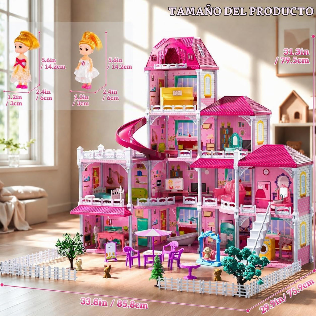 Villa de 4 Historias con 11 Habitaciones para Niñas de 3 a 8 Años - 11 Habitaciones, 2 Muñecas
