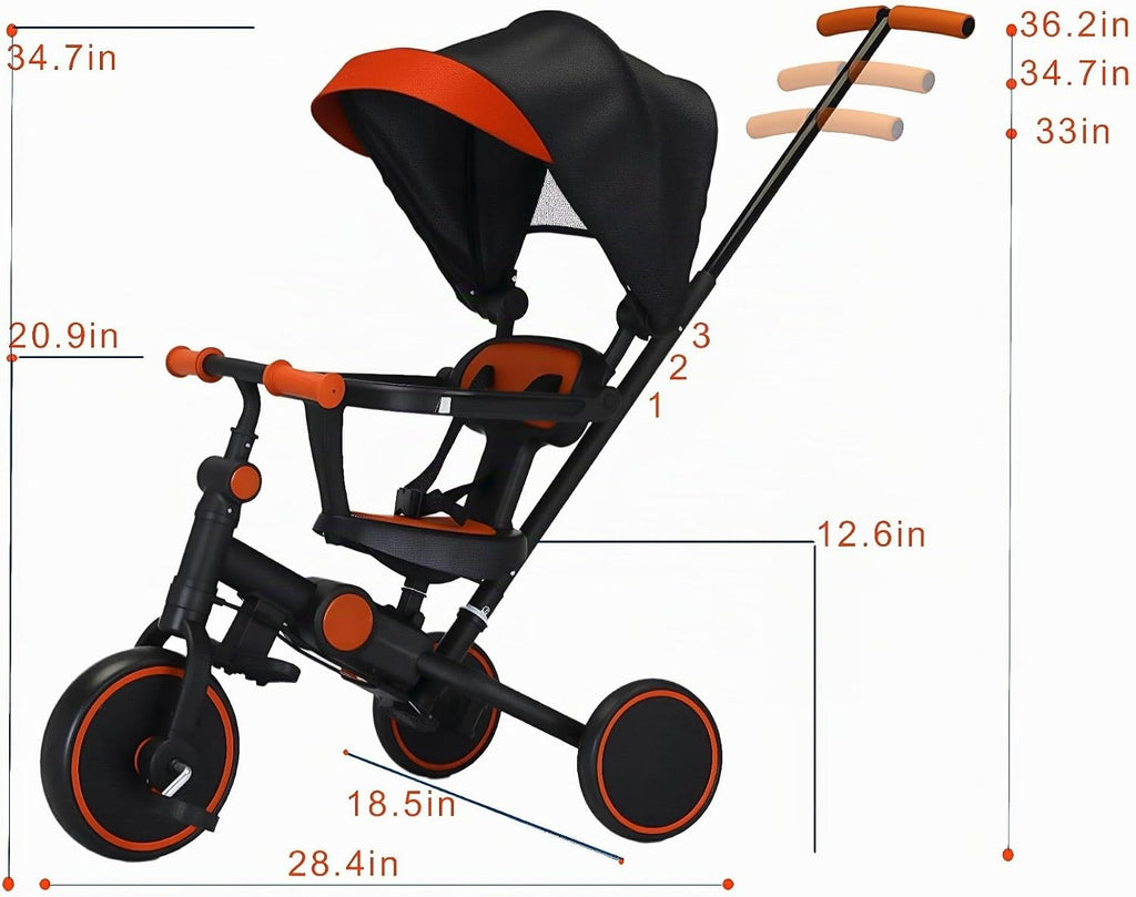 Triciclo plegable de empuje para niños pequeños con toldo, triciclo de equilibrio 8 en 1 con asa, triciclo para niños de 1 a 3 años, triciclos plegables para niños (negro)