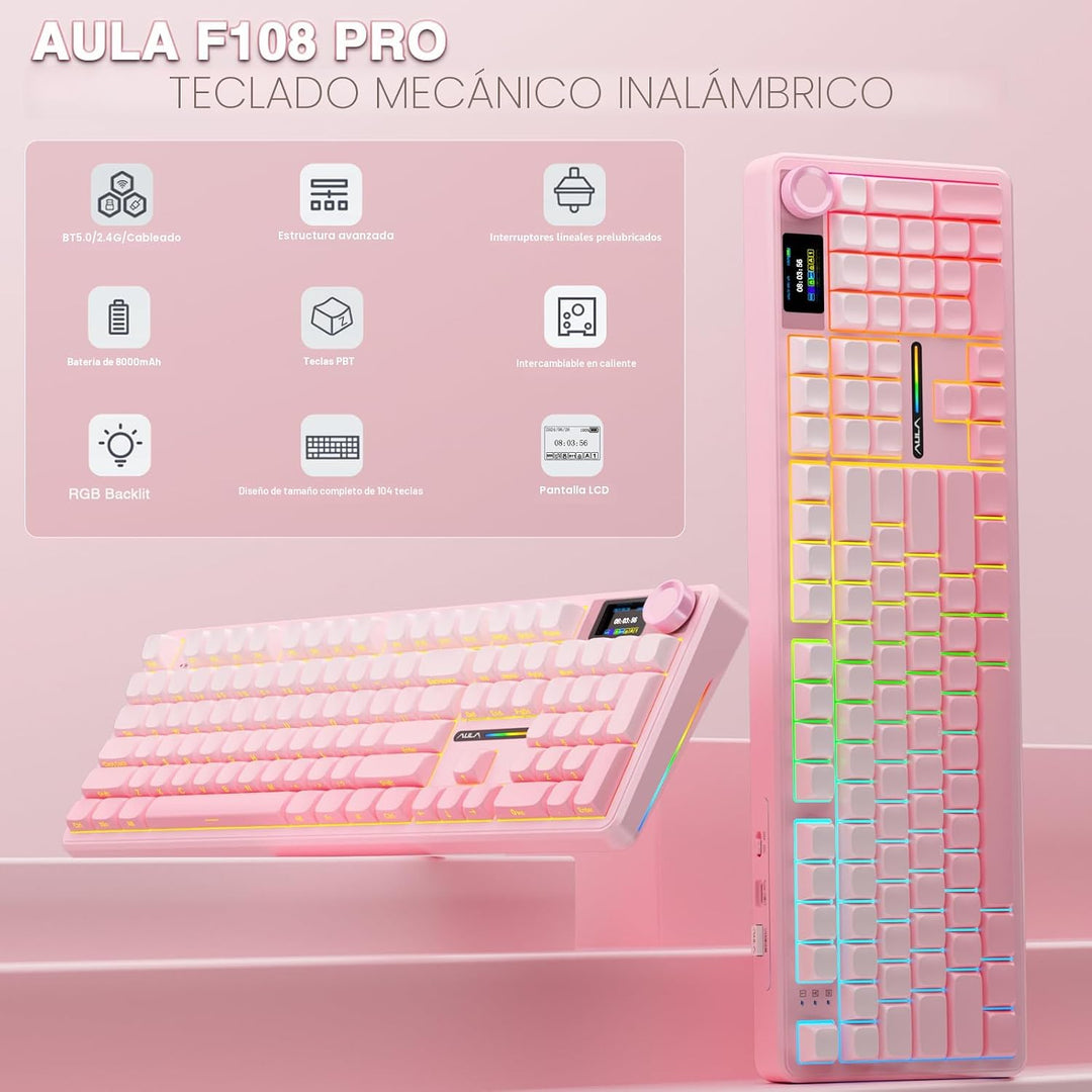 AULA F108 PRO - Teclado mecánico inalámbrico con pantalla y perilla...