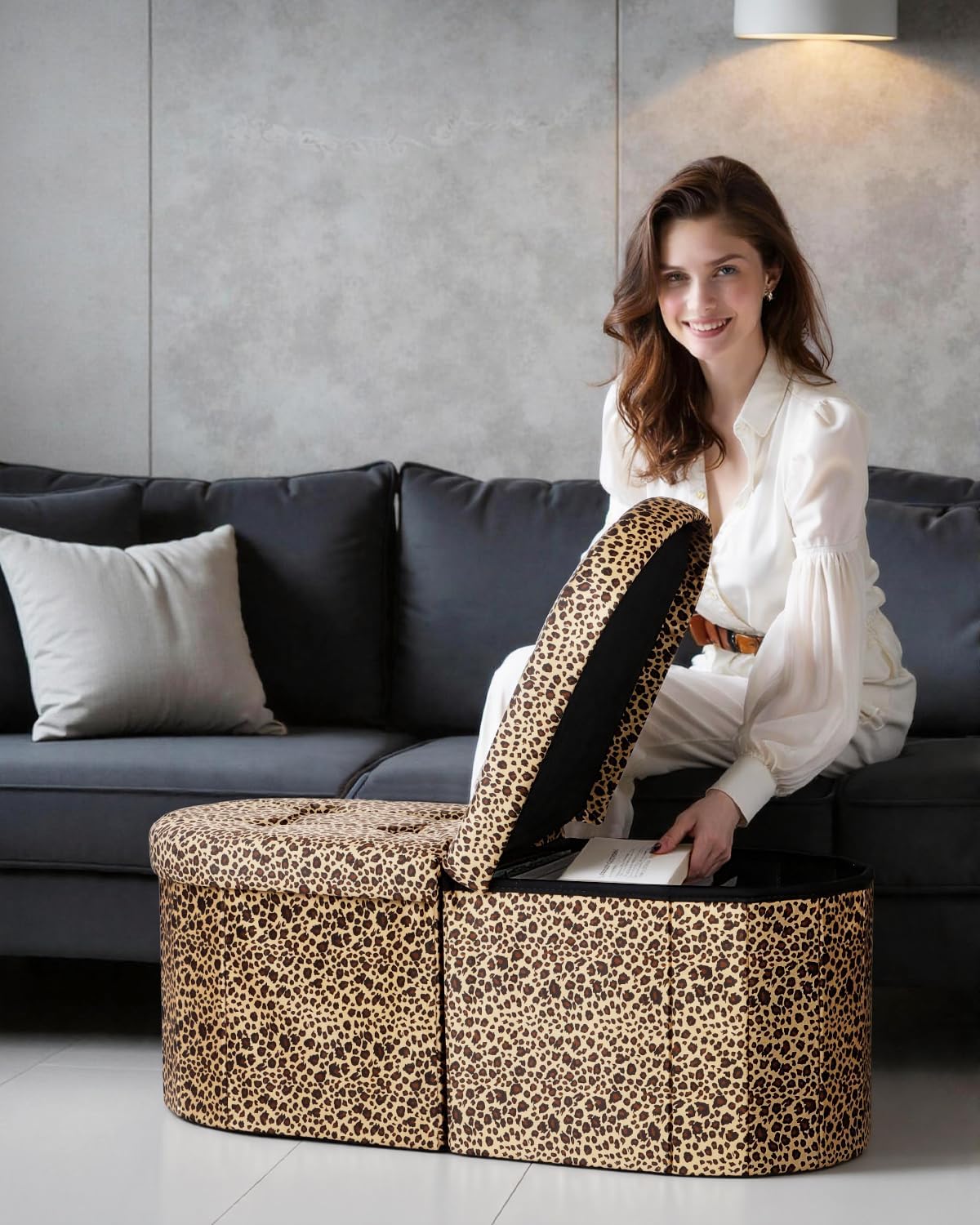 AmasSmile Banco de almacenamiento otomano ovalado, pecho plegable de cuero