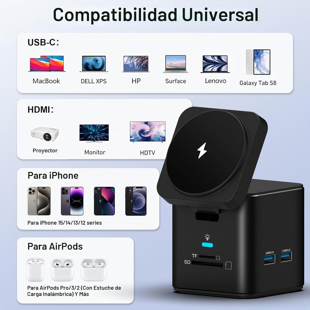 Estación de acoplamiento USB C para laptop con soporte de cargador MagSafe, adaptador multipuerto USB C Hub 9 en 1 con HDMI 4K, Ethernet de 1 Gbps, 3 USB 3.0, SD/TF, compatible con MacBook/Dell/HP