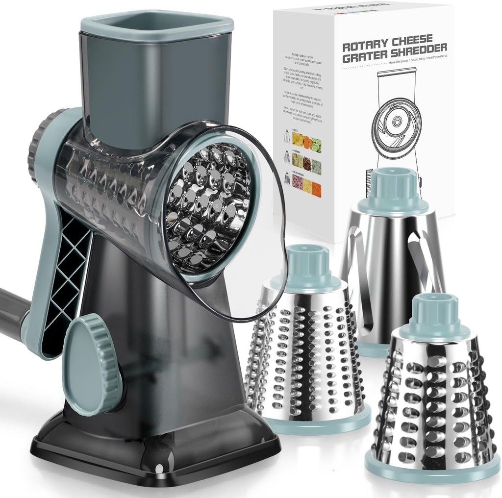 Rallador de queso, triturador de queso y verduras, rallador para cocina, 3 cuchillas intercambiables para queso, papa, calabacín, nueces, chocolate (gris azul)