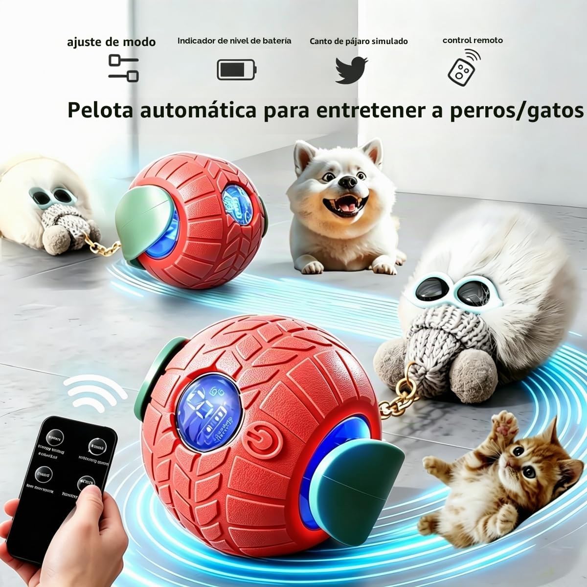 Nicoypole - Pelota de juguete automática inteligente para gatos y perros, juguete eléctrico interactivo recargable para mascotas, control remoto, pantalla LCD, canción de pájaro integrada, juego de