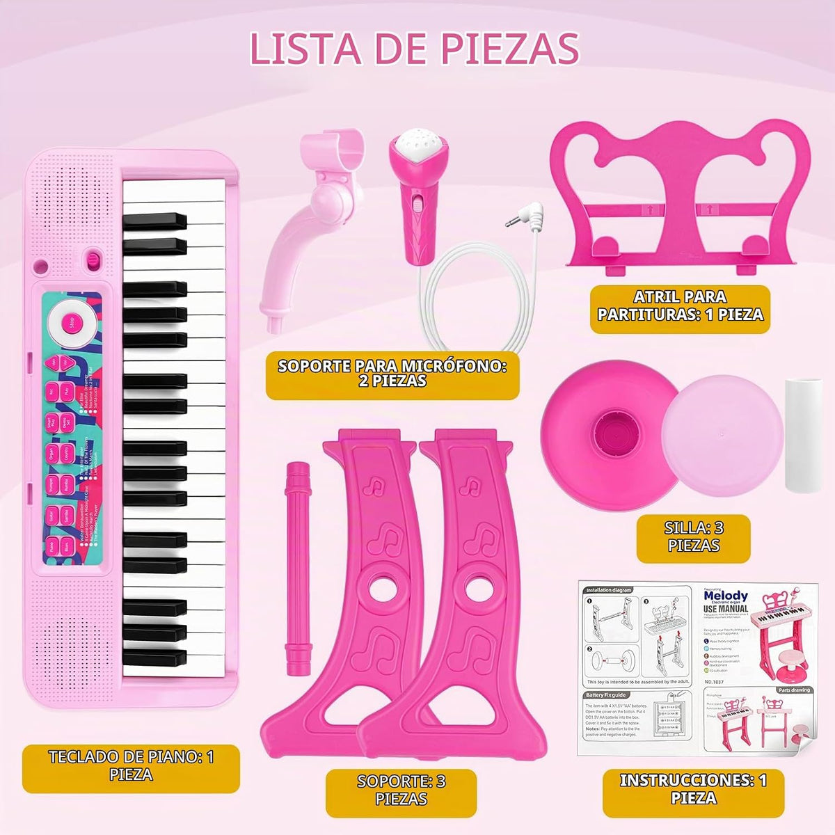 Amy&Benton - Regalo de cumpleaños para niñas de 3, 4, 5, 6, 7 años, piano de juguete con soporte para niñas de 3 a 5 años, juguete de teclado musical rosa, 37 teclas con silla