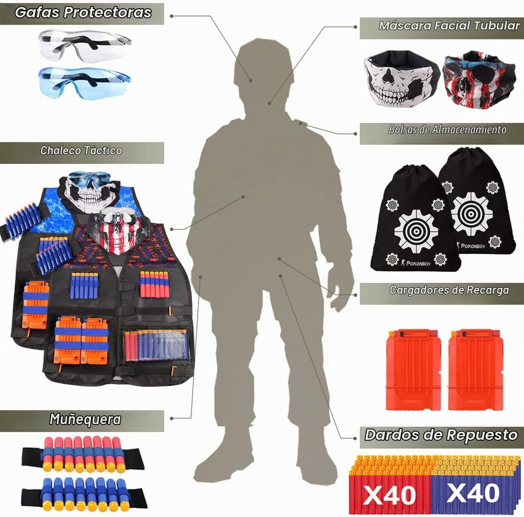2 juegos de chaleco táctico Exsport, 2 chaquetas tácticas de élite para pistola Pack N-Strike 2 manos de muñeca, 2 clips de recarga rápida, 2 anteojos de protección y 2 máscaras para niños