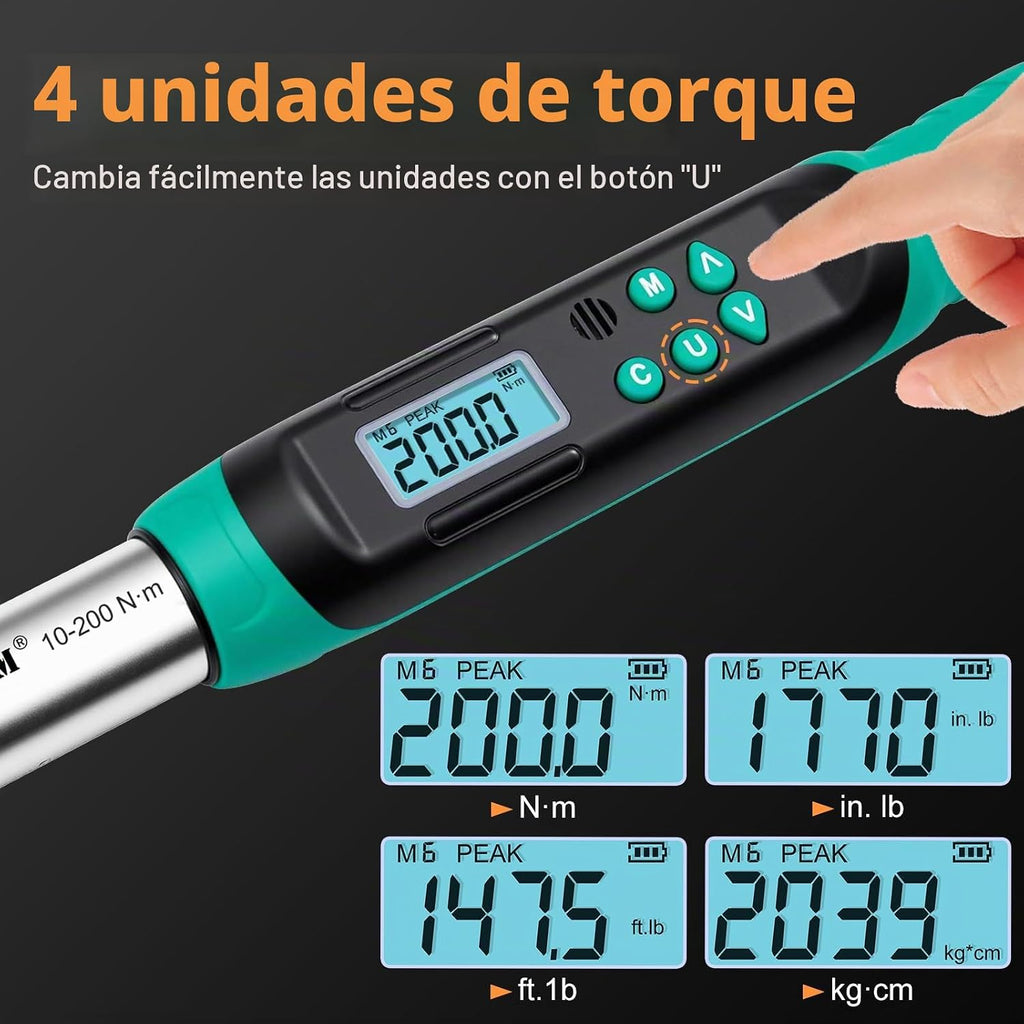 Llave dinamométrica digital, 1/2 pulgada, 7.4-147.5 ft-lb, 2% de
