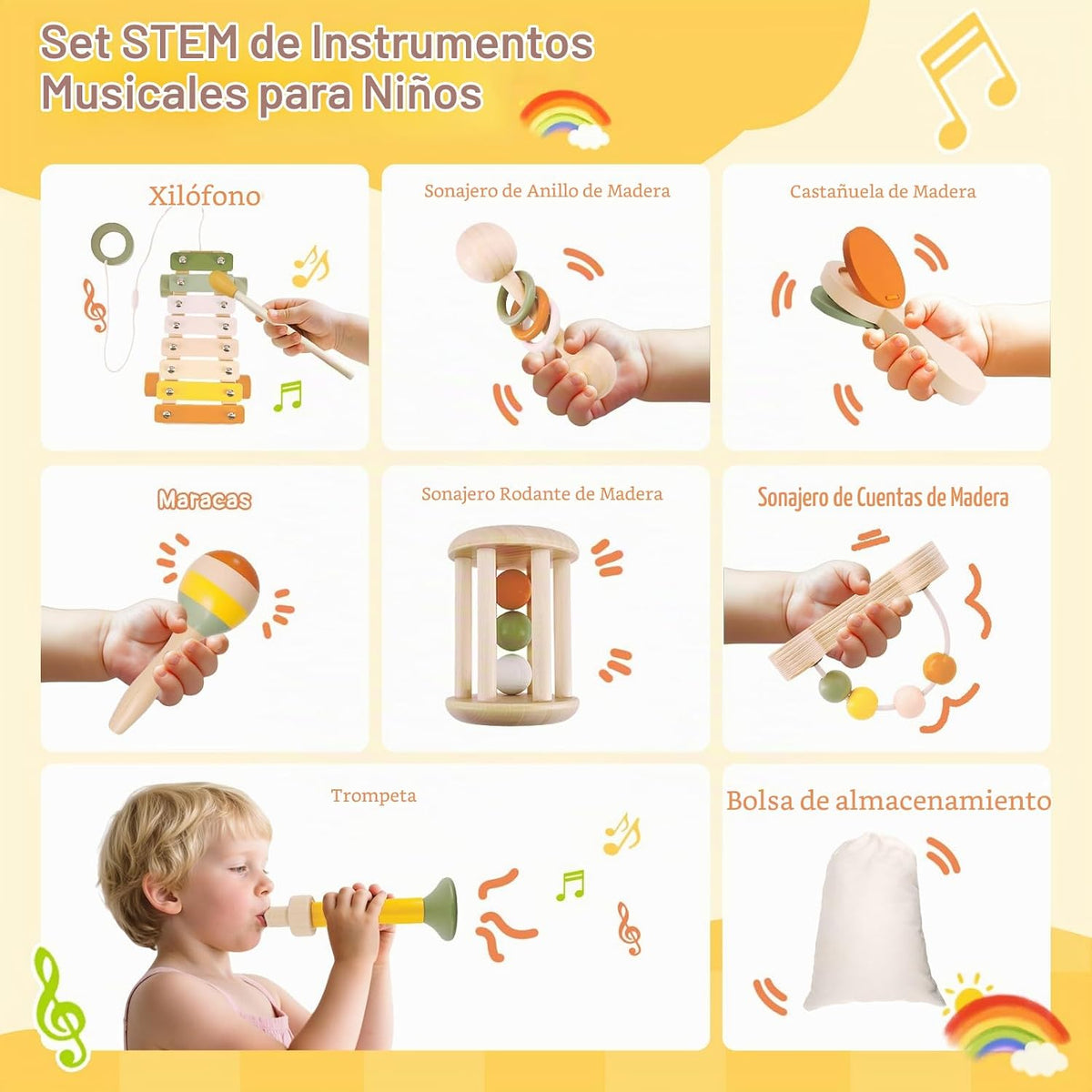 Instrumentos musicales de madera para niños pequeños de 2 años en adelante, xilófono Montessori, Maracas, sonajeros, trompeta, juguetes musicales para bebés con bolsa de almacenamiento, regalos para niños y niñas