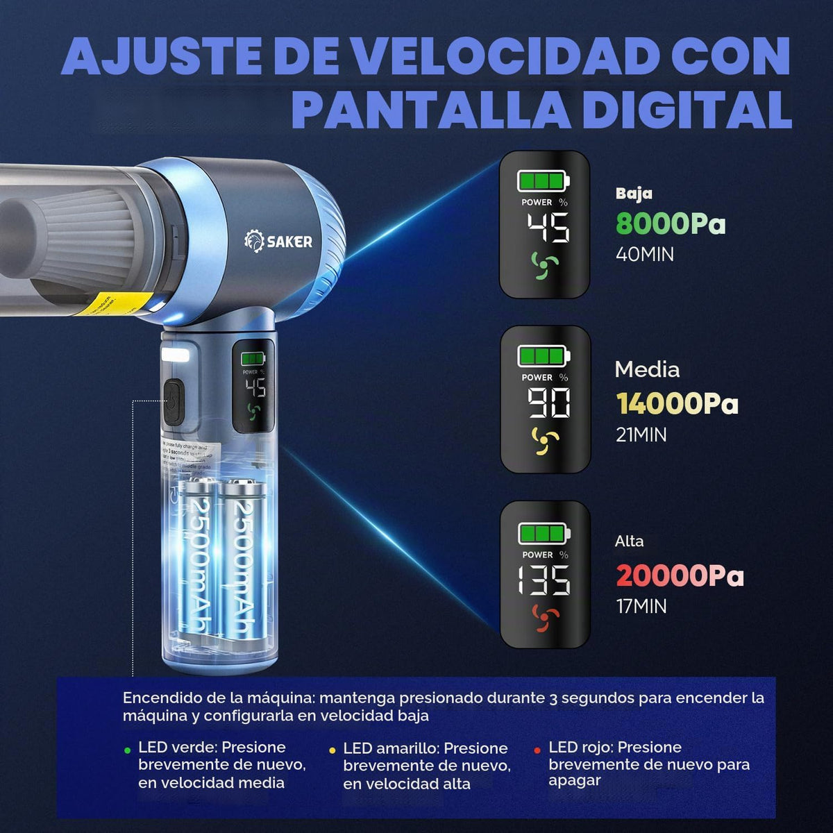 Saker 4 en 1 Aspiradora de Mano para Auto Portátil, Inalámbrica, 20000Pa HL157, Azul