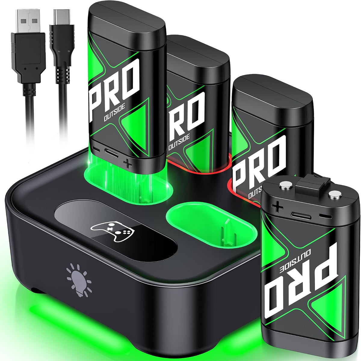 Paquetes de baterías recargables de carga rápida mejoradas con control de luz, 4 x 4080 mWh baterías de controlador Xbox con base de cargador para Xbox Series X|S, One S/X/Elite, fundas y juegos de almacenamiento