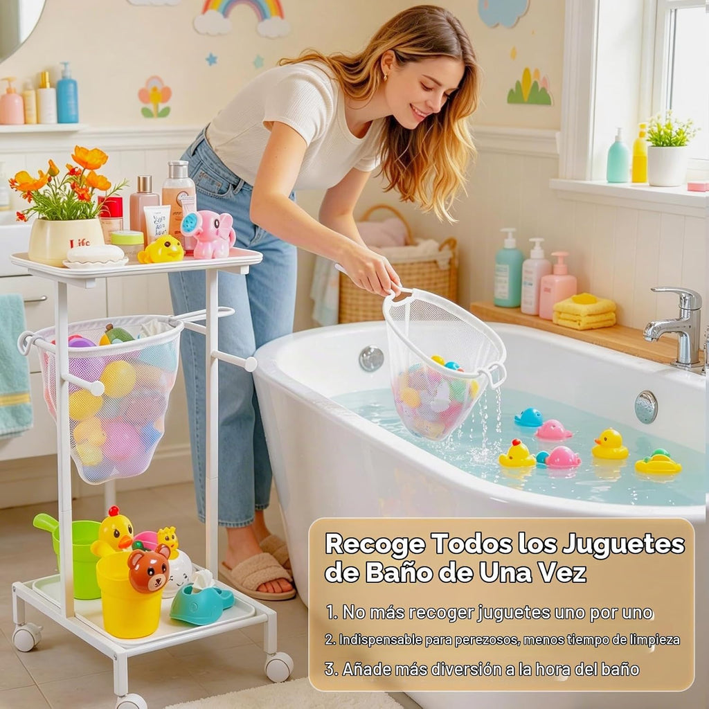Soporte de almacenamiento de juguetes de baño, organizador de juguetes de bañera de secado rápido con 2 redes de malla colgantes y organizador de ducha, cubo grande de juguetes para bañera de fácil