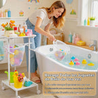 Soporte de almacenamiento de juguetes de baño, organizador de juguetes de bañera de secado rápido con 2 redes de malla colgantes y organizador de ducha, cubo grande de juguetes para bañera de fácil