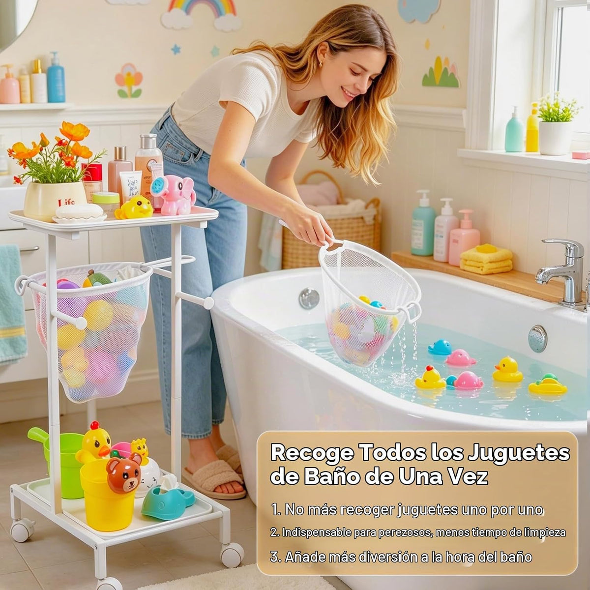 Soporte de almacenamiento de juguetes de baño, organizador de juguetes de bañera de secado rápido con 2 redes de malla colgantes y organizador de ducha, cubo grande de juguetes para bañera de fácil