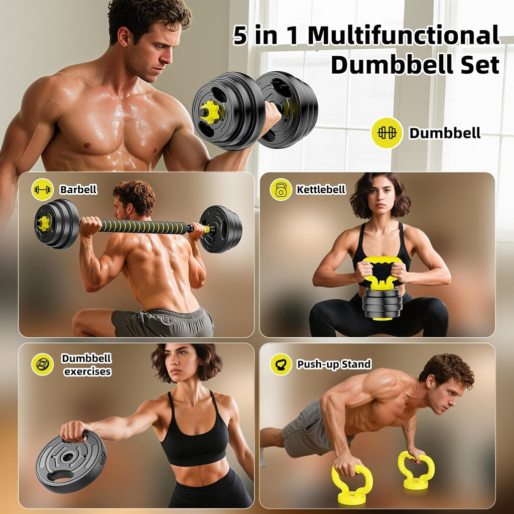 Juego de mancuernas ajustables, pesas libres de 10 a 90 libras con conector – mancuernas 4 en 1, barra, pesa rusa y soporte para flexiones, juego de pesas ajustables para gimnasio en casa