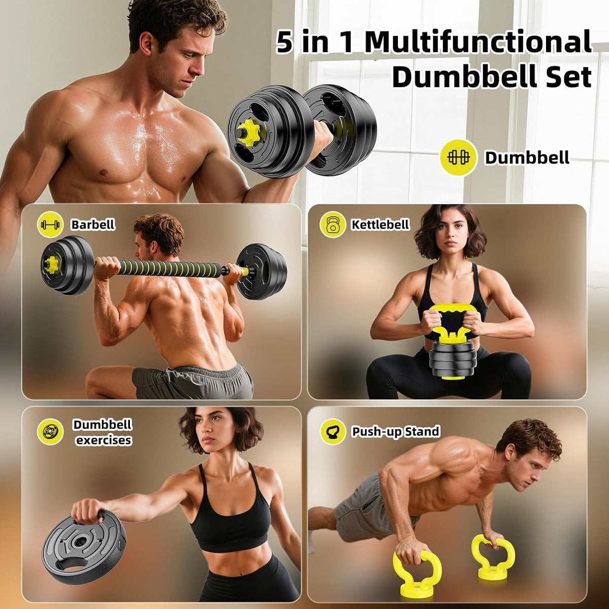 Juego de mancuernas ajustables, pesas libres de 10 a 90 libras con conector – mancuernas 4 en 1, barra, pesa rusa y soporte para flexiones, juego de pesas ajustables para gimnasio en casa