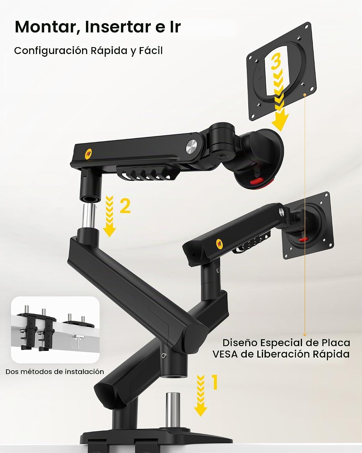 NB SmooVex™ - Soporte para monitor doble, soporte para monitor dual para hasta 32 pulgadas, brazo de monitor de resorte mecánico, VESA 75/3.937 in, modelo-A5C (negro)