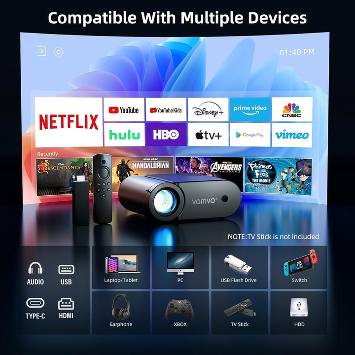 vamvo Proyector portátil WiFi Videoproyector 1080P 200" Proyect...
