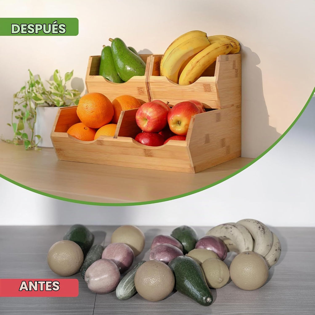HOMESTEAD Contenedores de almacenamiento de despensa de bambú, apilables, para papas y cebollas, para encimera de cocina, organizador de despensa, cesta de frutas y verduras, multiusos, juego de 3 unidades de acceso deslizante