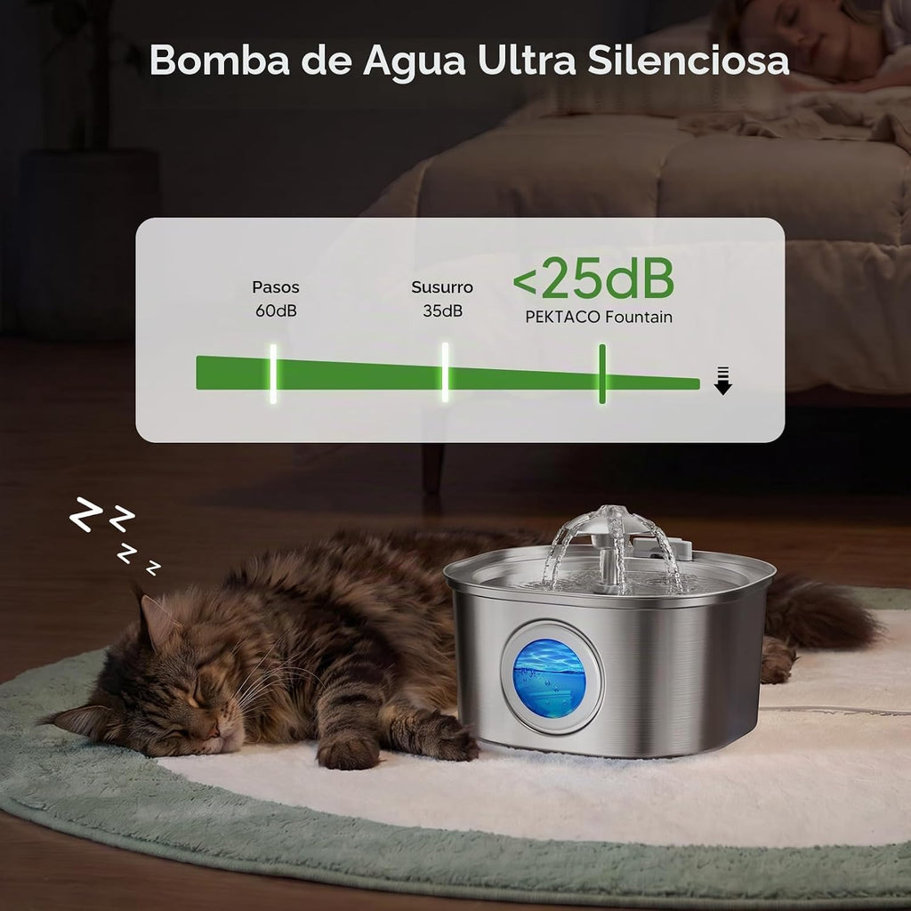PEKTACO Fuente de Agua para Gatos, 3.2L Acero Inoxidable para Mascotas, 1 Filtro