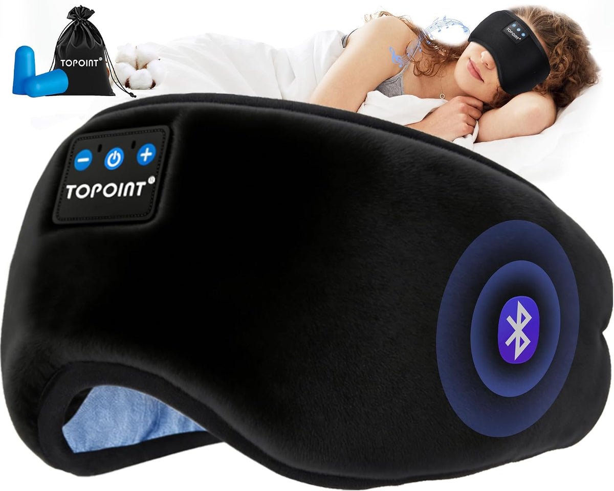 TOPOINT - Antifaz para dormir con auriculares Bluetooth 5.4 inalámbricos, auriculares para dormir con micrófono, altavoces HD, música, antifaz para dormir y meditar, para hombres y mujeres, accesorios