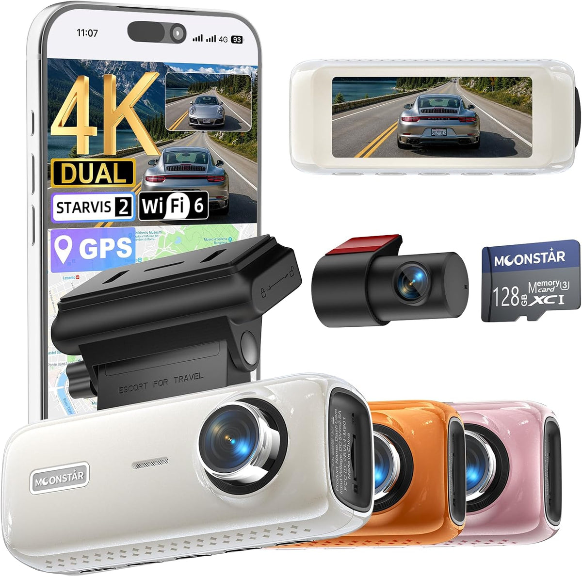 4K STARVIS 2, Cámara para Auto Delantera y Trasera, Incluye tarjeta de alta velocidad 128GB, Blanco