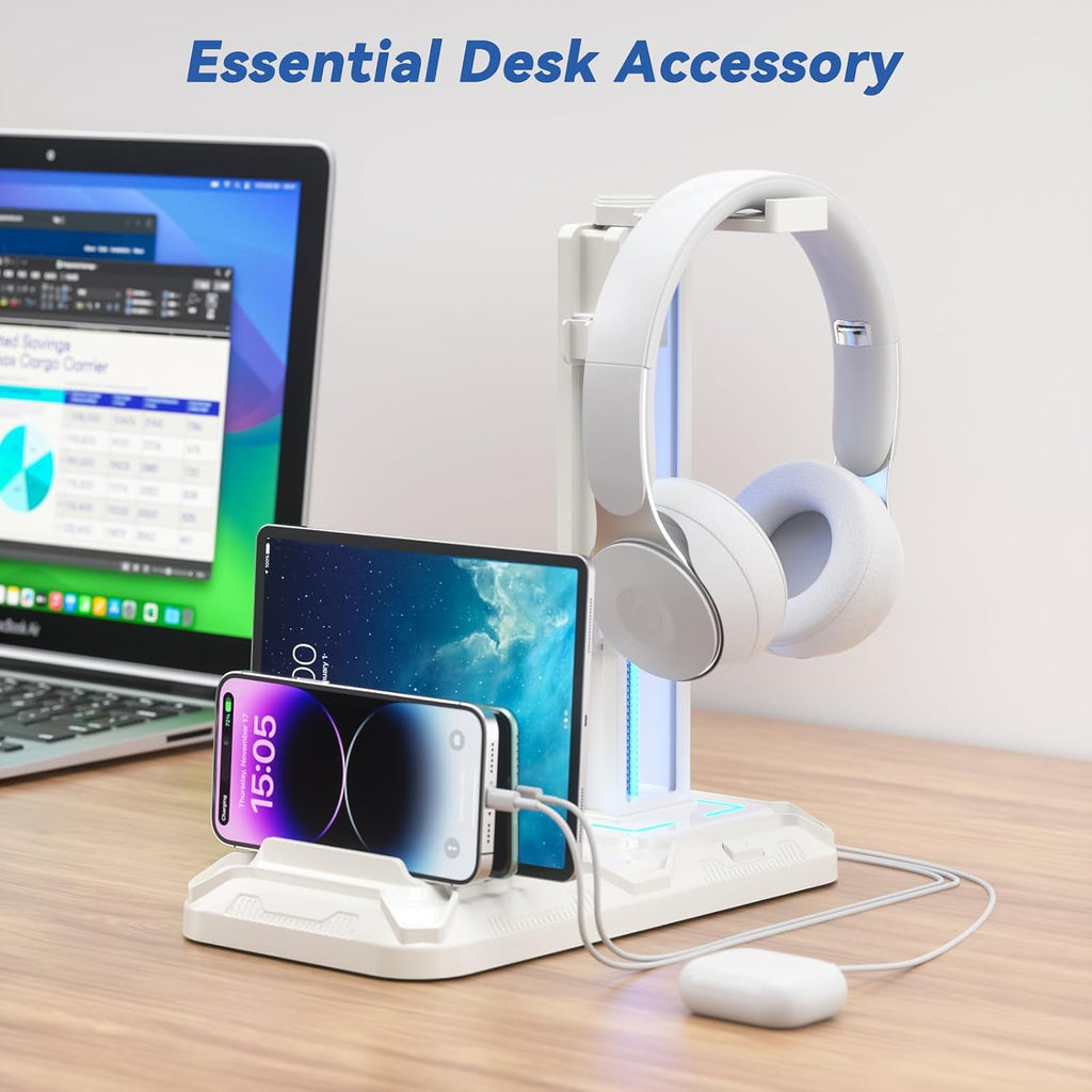 Soporte para Auriculares KDD con Estación de Carga - Soporte Desmontable para Controlador con 9 Modos de Iluminación - Percha Giratoria para Auriculares con Puertos Cargador USB A y C - Gancho para Audífonos para Almacenamiento de Accesorios de Juego para