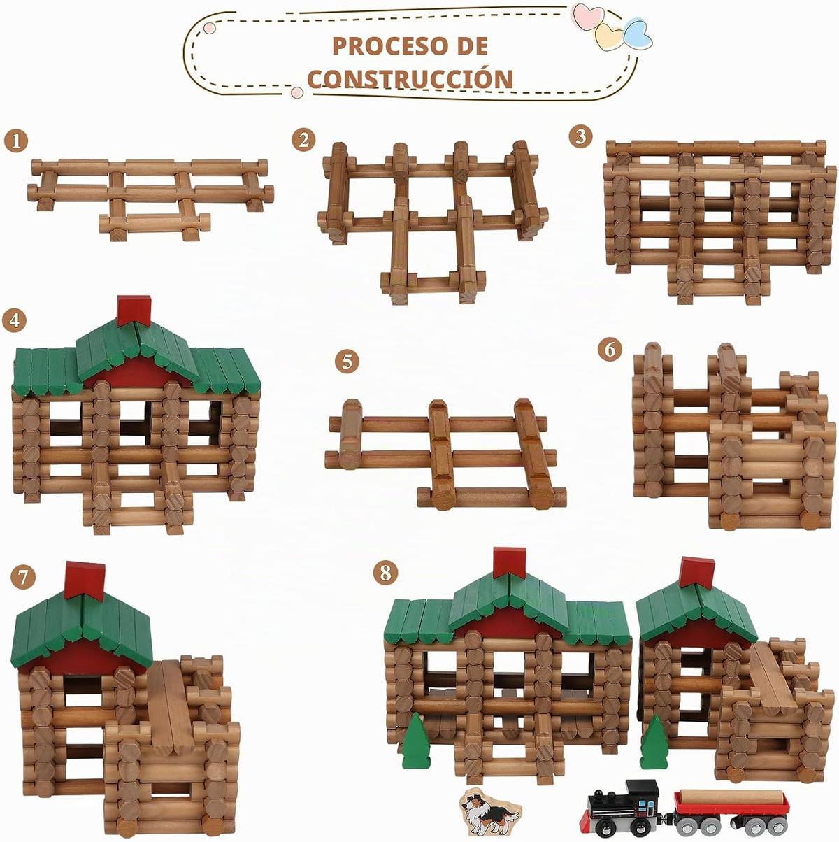 Wondertoys Juego de troncos de madera de 208 piezas, troncos de construcción clásicos a partir de 3 años, el mejor juego de regalo de construcción retro para niños, regalos educativos de ingeniería de