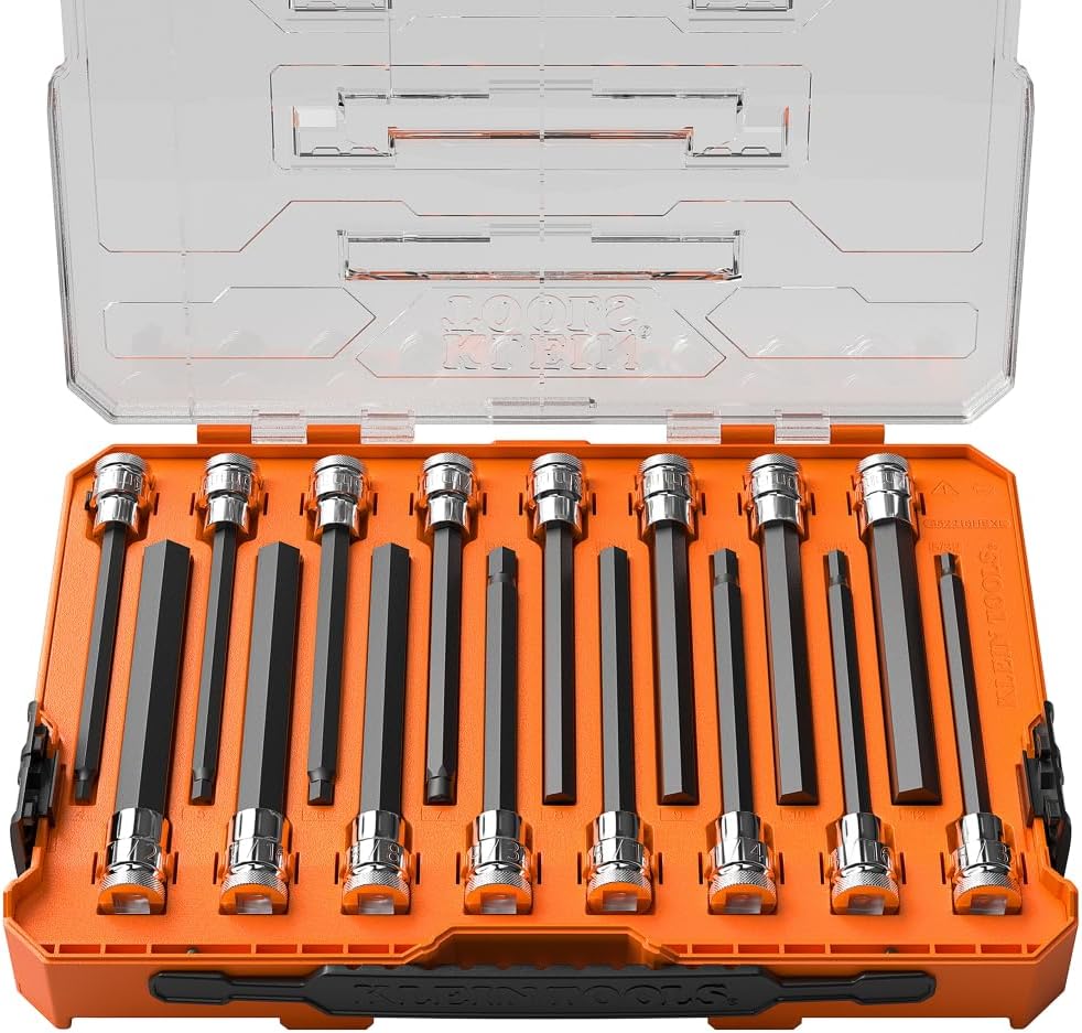 Klein Tools 652216HEXL Juego de vasos hexagonales largos, 16 piezas, juego de vasos SAE y métrico, vasos hexagonales largos, estuche MODbox