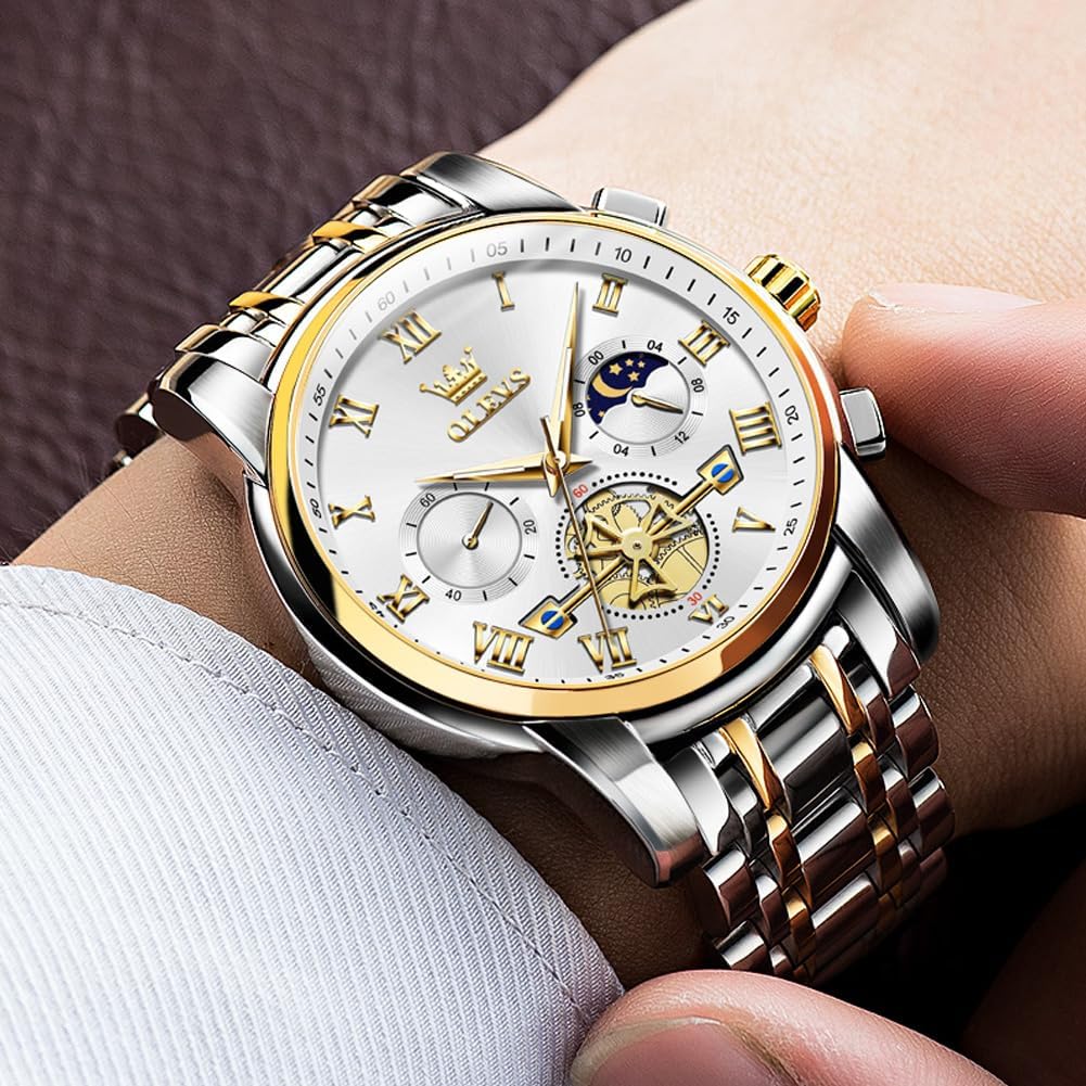 OLEVS Relojes para hombre, resistente al agua, de lujo, gran cara, reloj analógico de cuarzo de acero inoxidable, relojes de vestir analógicos para hombre, luminoso, multifuncional, reloj de hombre