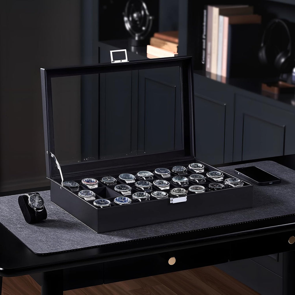 ProCase Caja de reloj para hombre, vitrina de 24 ranuras con tapa de vidrio