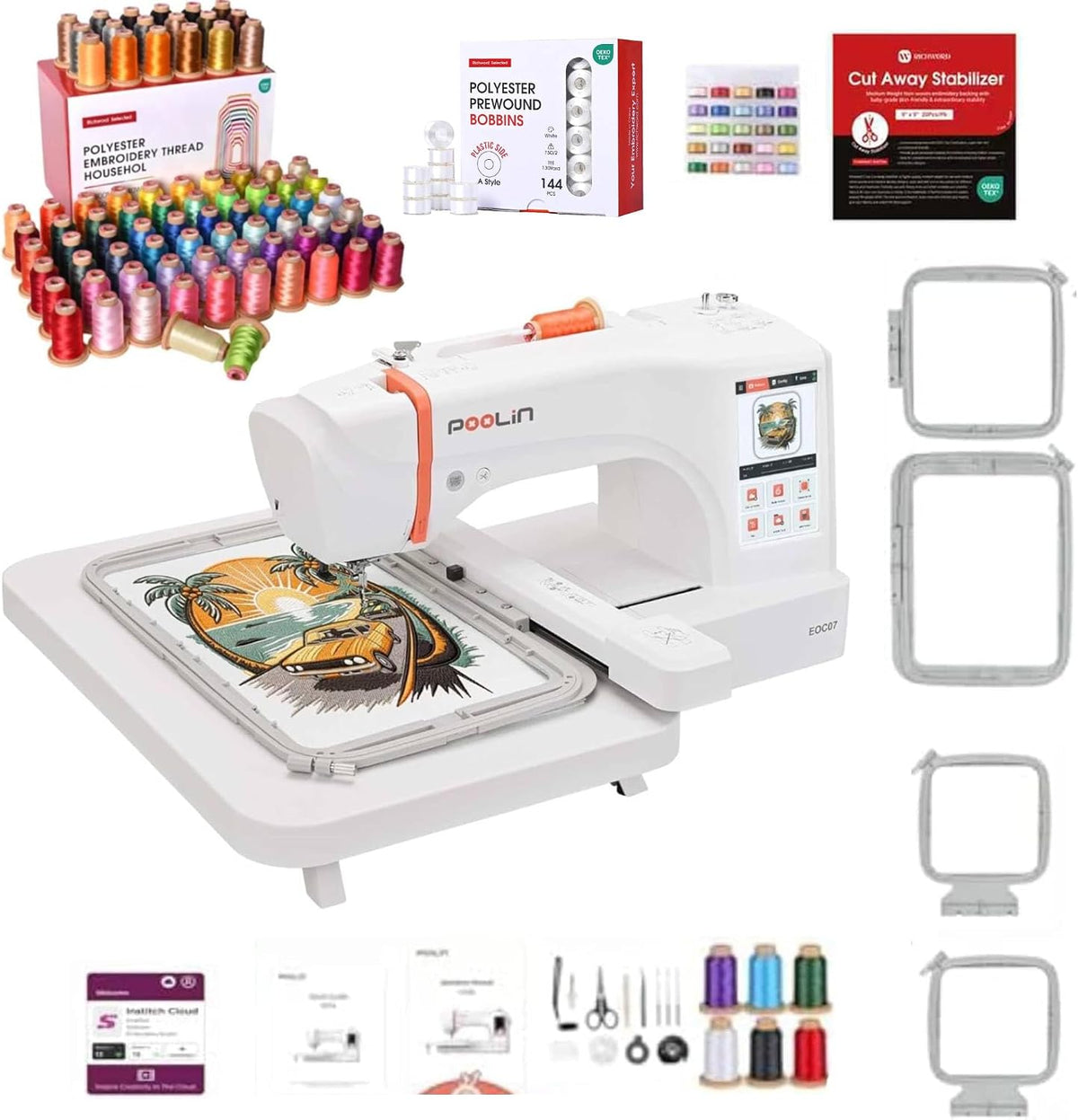 Poolin Máquina de bordar EOC07+80 hilos de bordado de colores+144 bobinas preenrolladas, máquina de bordar para el hogar, pequeña empresa