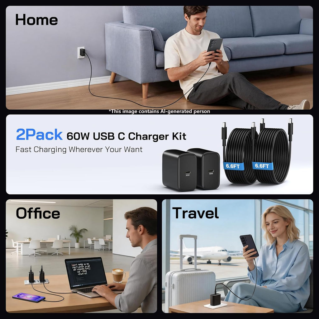 Cargador USB C de 60 W, cargador súper rápido de 60 vatios tipo C con 2