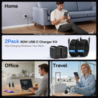 Cargador USB C de 60 W, cargador súper rápido de 60 vatios tipo C con 2