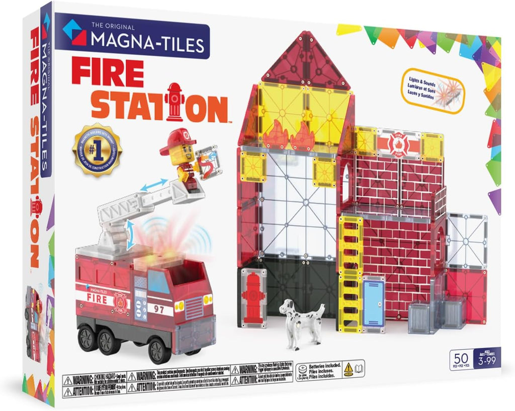 MAGNA-TILES Fire Station - Juego de construcción magnética de 50 piezas, la marca original de construcción magnética
