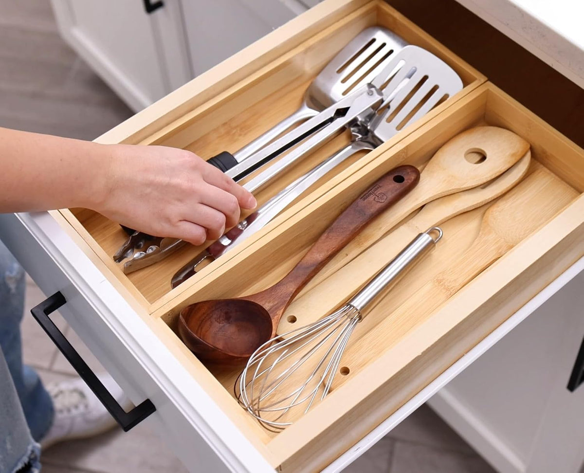 Fabsome Organizador de Cajón de Utensilios de Cocina, Contenedores Organizadores de Cubiertos de Plata de Bambú, Bandejas de Almacenamiento de Contenedores de Madera para Tocador de Baño Cajón de