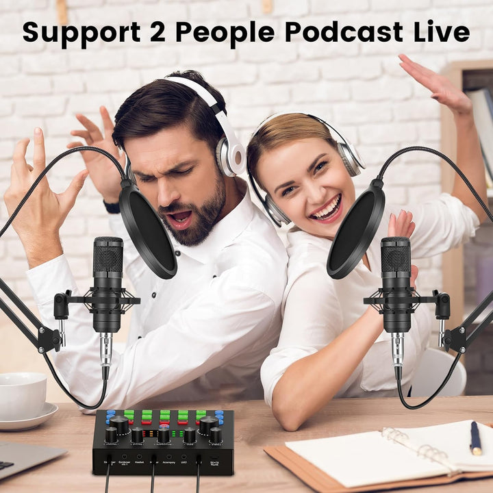 Brvomussy Paquete de equipo de podcast para 2, interfaz de audio co...