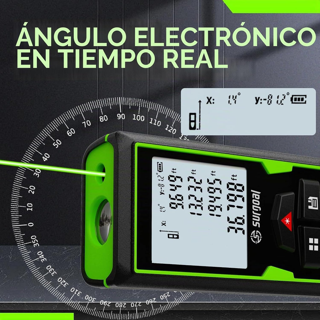 Medidor de Distancia Láser Verde USB-C Recargable Sensor de Ángulo XY en Vivo